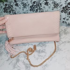 Moda Luxe Pink Suede Fold-over Clutch Bag with Chain